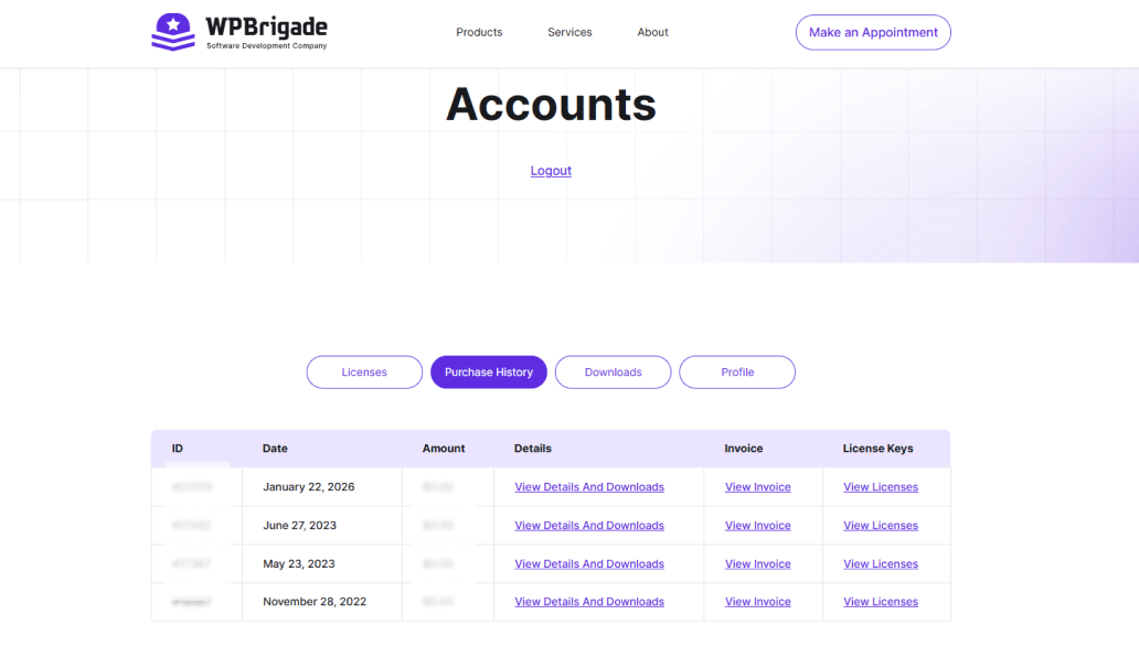 Purchase and license history