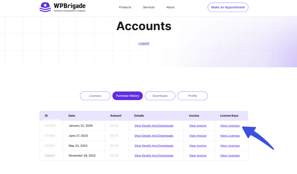 Click on view license to view