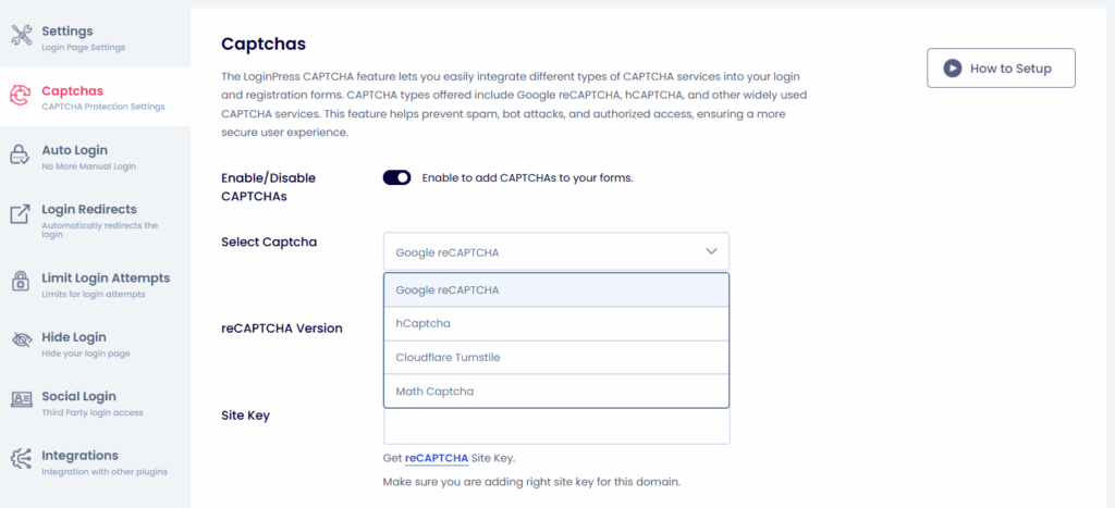 Select captcha type in loginpress
