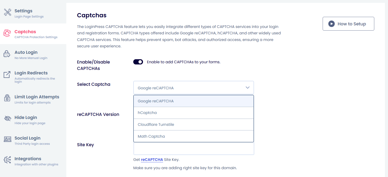 Select captcha type in loginpress