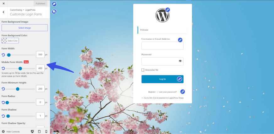 Customize mobile form width in loginpress