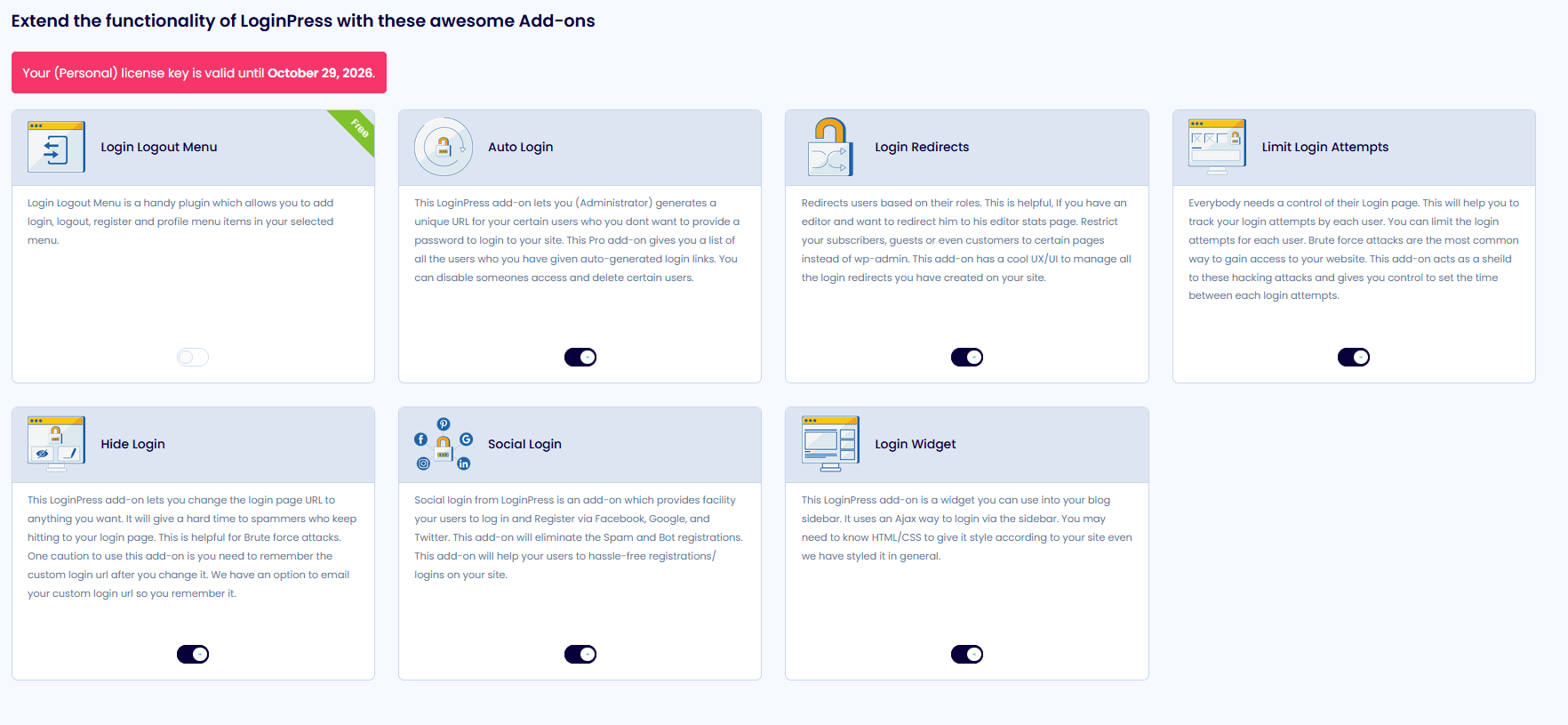 Add ons settings in loginpress