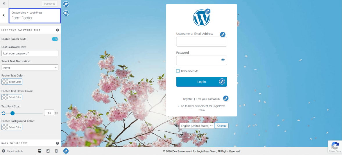 Customize form footer using loginpress