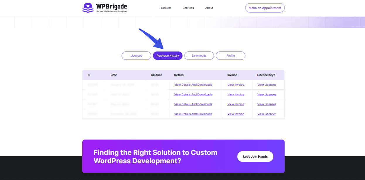 Go to purchase history tab