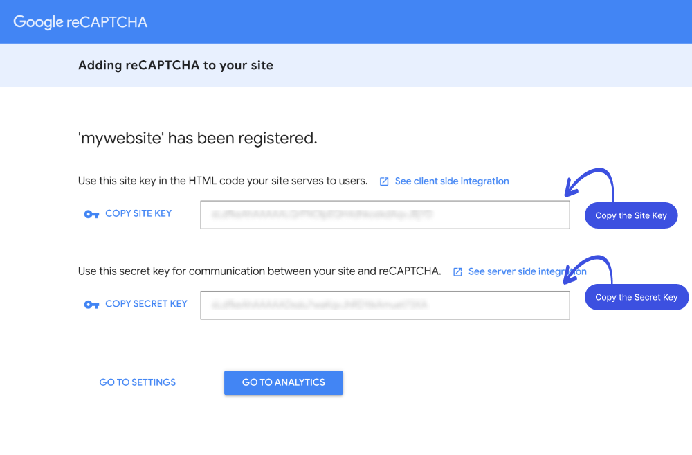 Google reCAPTCHA site and secret keys