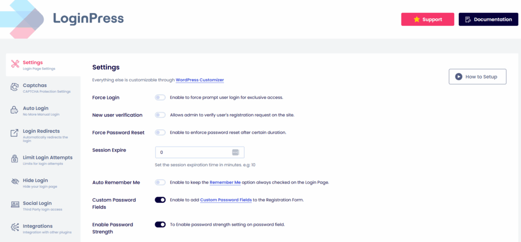 Loginpress settings screen