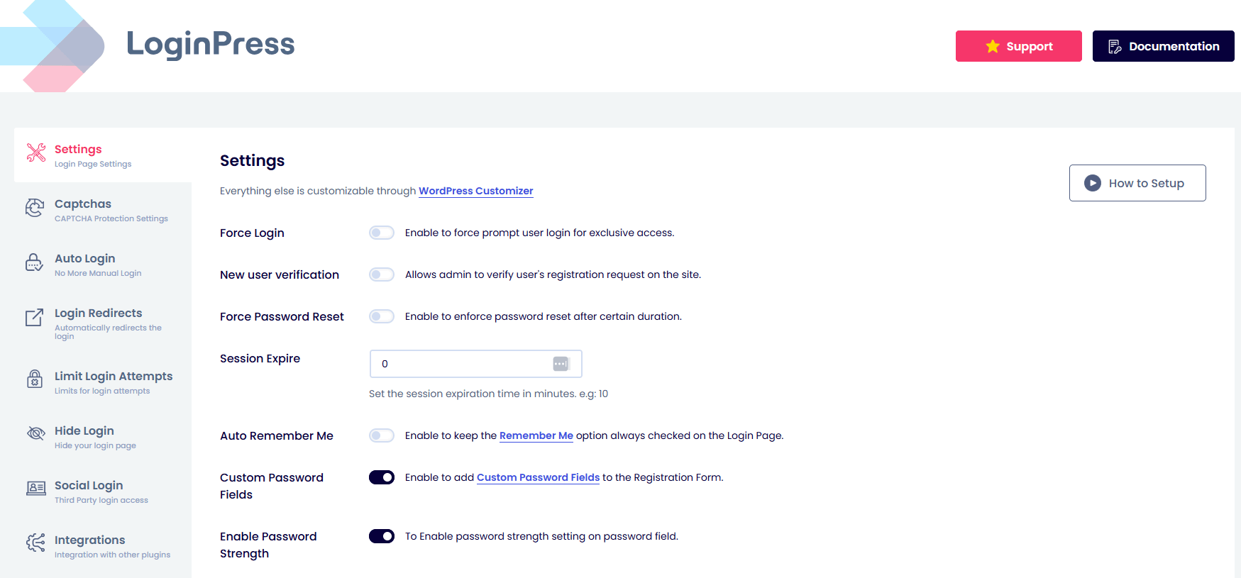 Loginpress settings screen