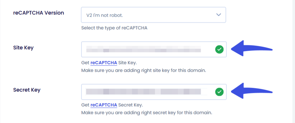 reCaptcha keys validated