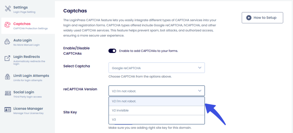 Select reCaptcha version
