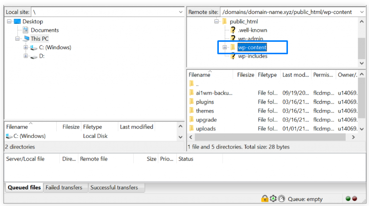 access  wp-content folder through ftp