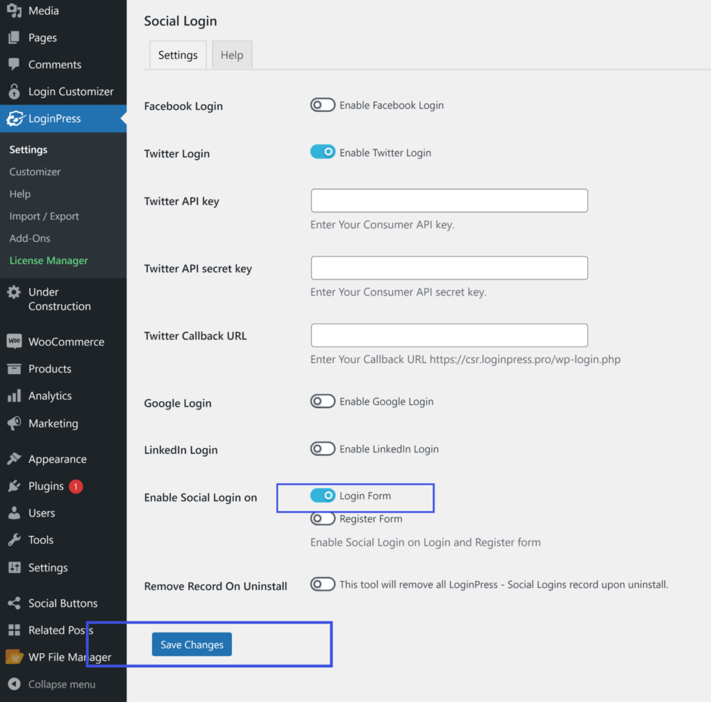 Enable on Login Form Social Login Setting