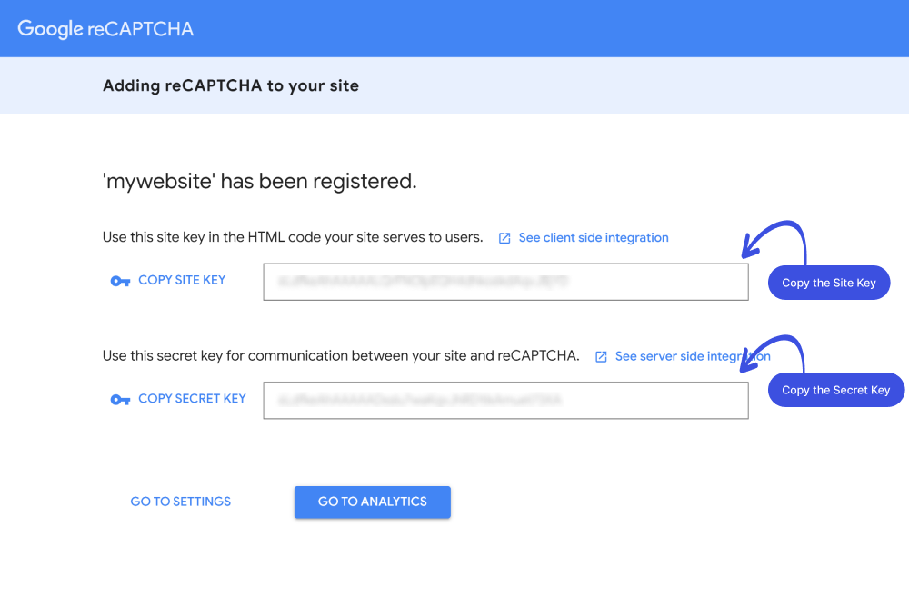 Copy the site key and secret key