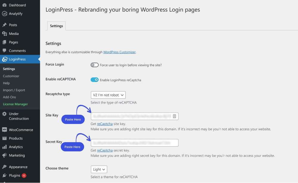 paste the site key and secret key