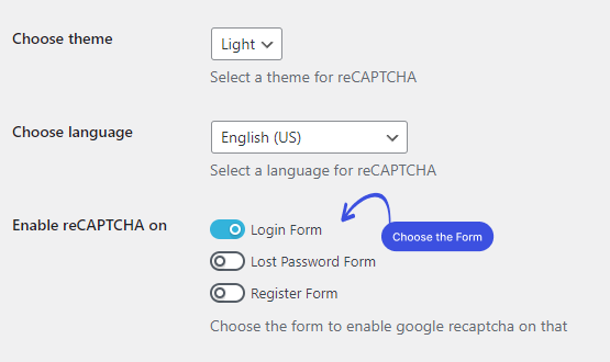 Choose the form to enable reCAPTCHA