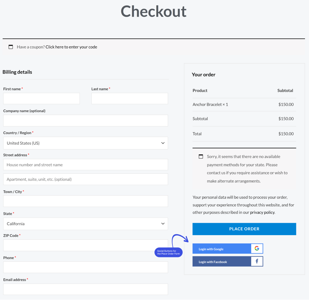 Social Login Shortcode for Proceed Order Form