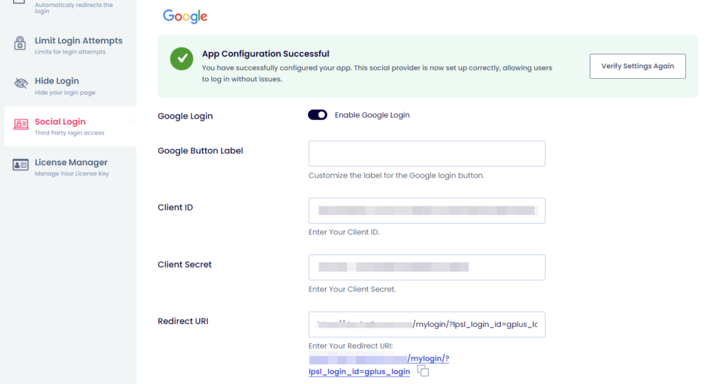 Paste the google client id and secret in the feilds 