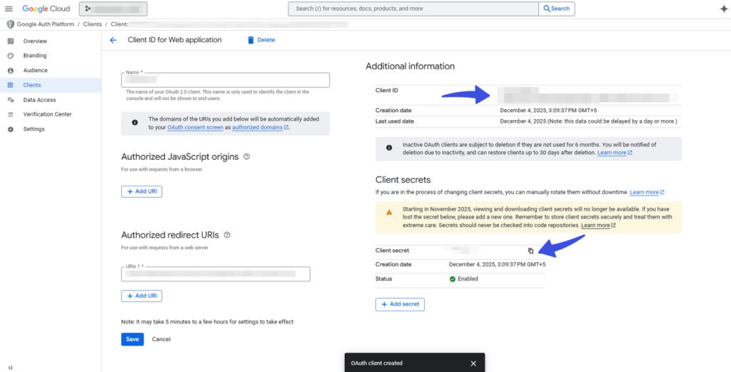 Copy client id and secret key