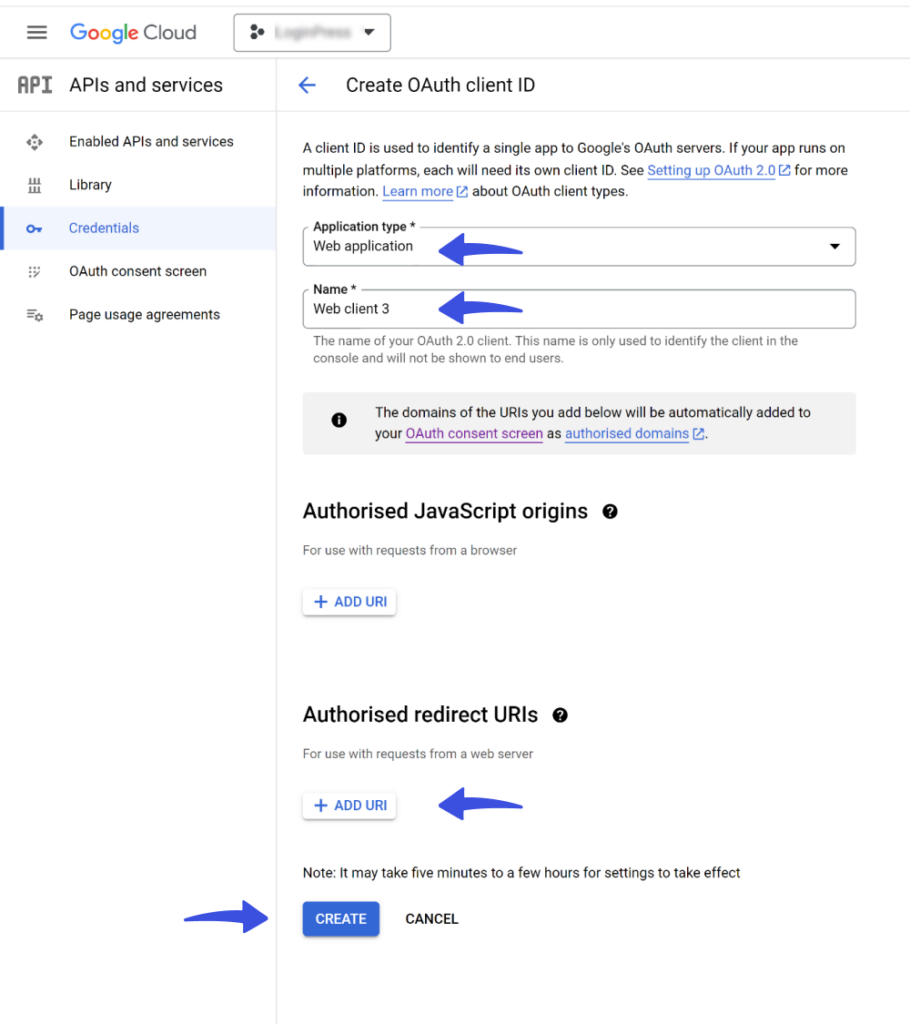 Create credentials in oauth