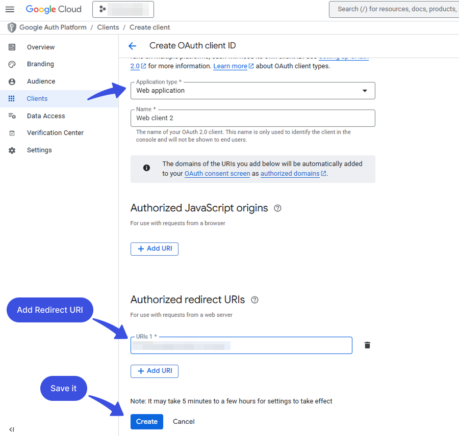 Creating an oauth client in google