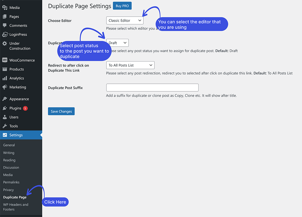 Duplicated Page Settings