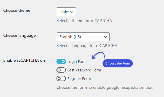 Enable reCAPTCHA on: