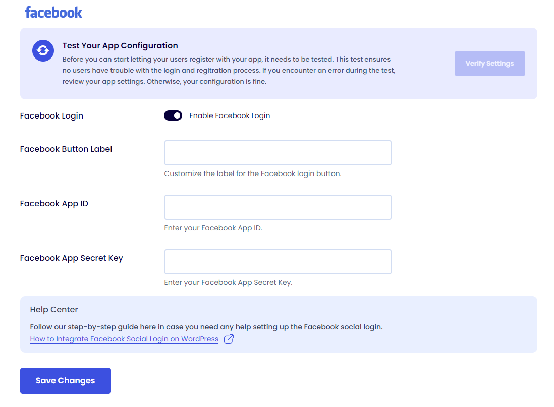 Facebook Social Login Save Changes