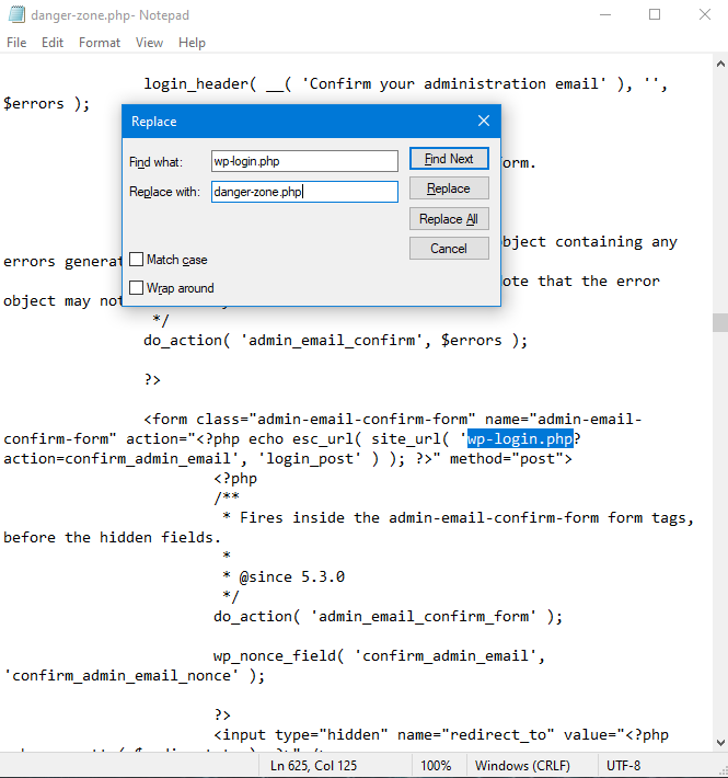 Search and Replace "wp-login.php"