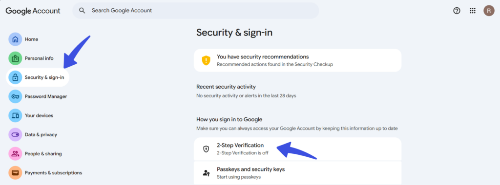 Google 2fa options in google account settings