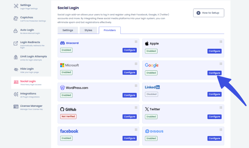 Locate google provider in providers tab in social login