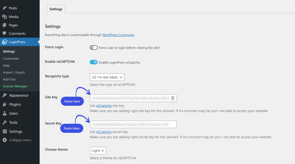 Paste in the Site Key and Secret Key Fields