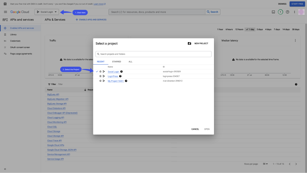 Select project from dropdown