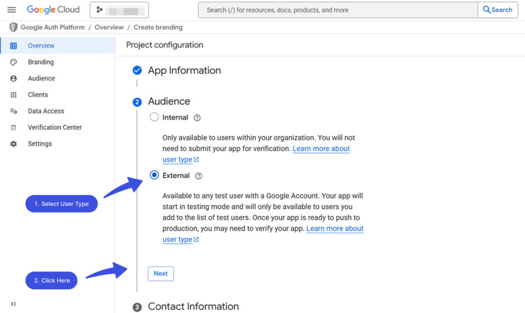 Select user type in oauth client settings