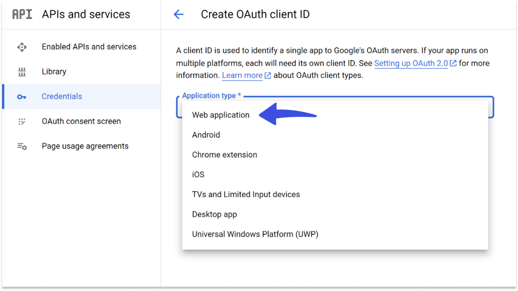 Select web application option in creating credentials