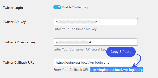 Copy and Paste Twitter Callback URL
