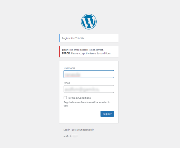 WordPress User Registration Error message Form with Terms & Conditions Checkbox
