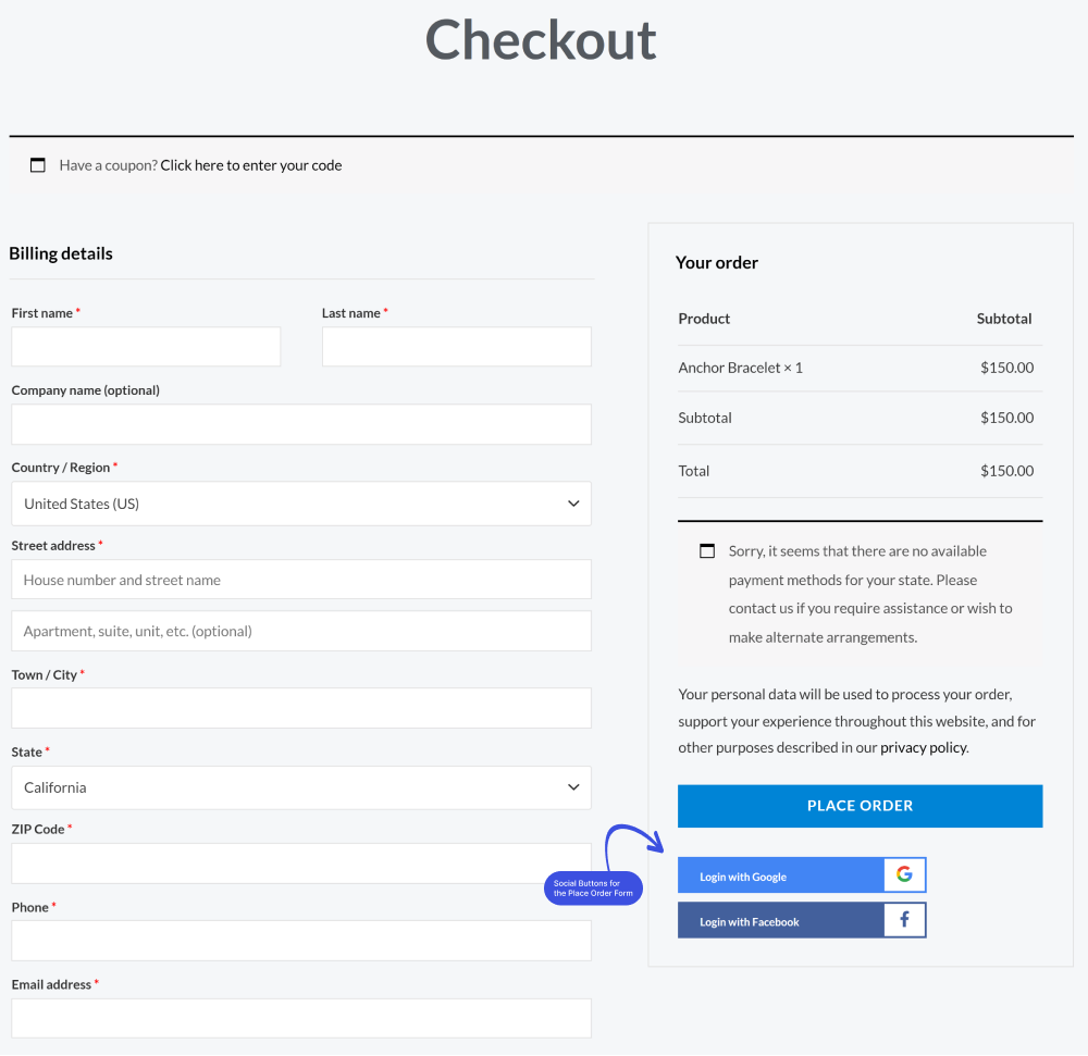 Social Login on the WooCommerce on the Proceed Order Form