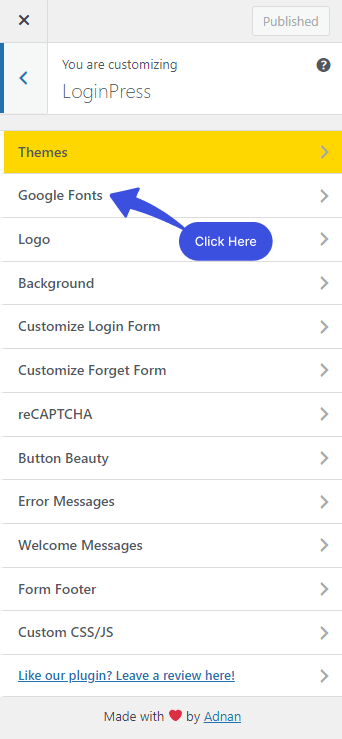 LoginPress Google Fonts Setting