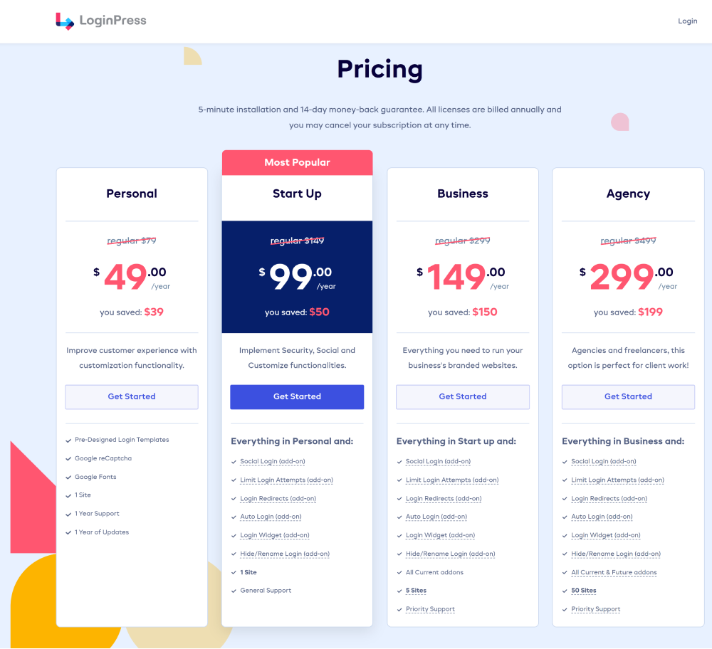 LoginPress Pricing Page