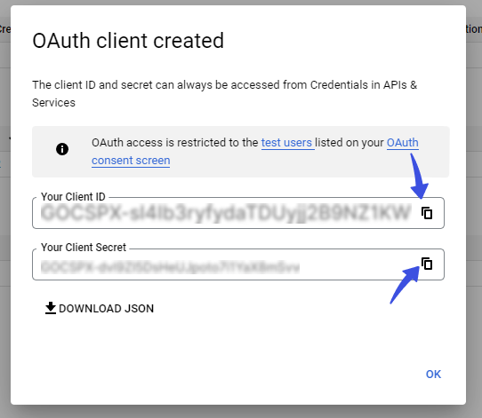 Copy Client ID and Client Secret Keys