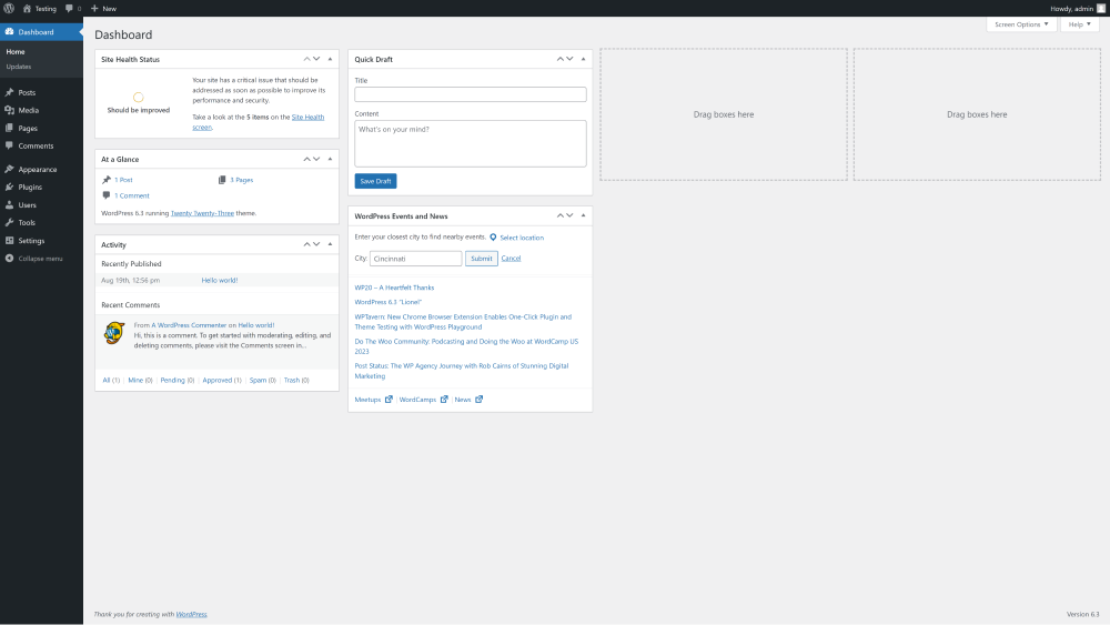 WordPress dashboard