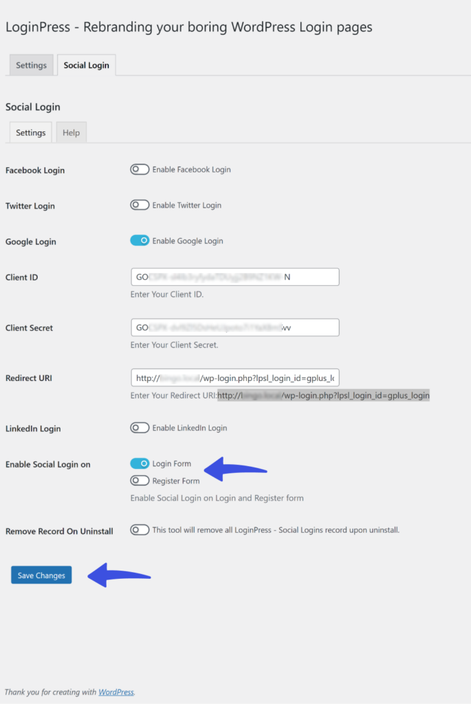 Enable social login on login form or register form