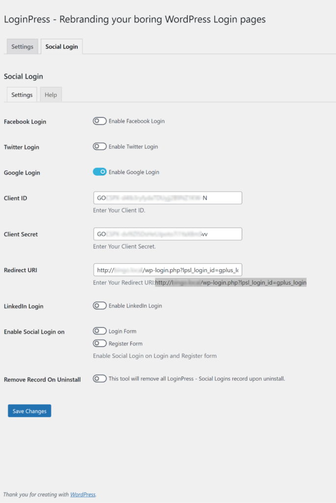 Paste Client ID and Client Secret Keys