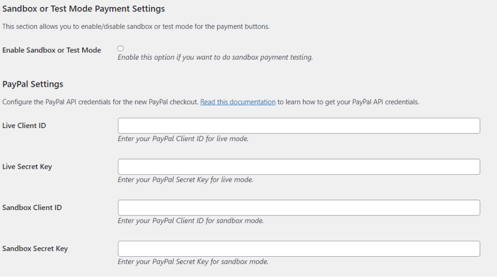 sandbox or test mode payment settings
