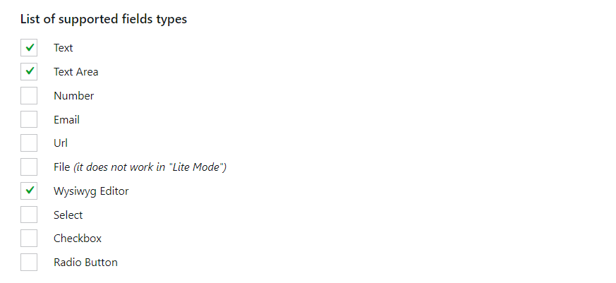 list of supported fields types