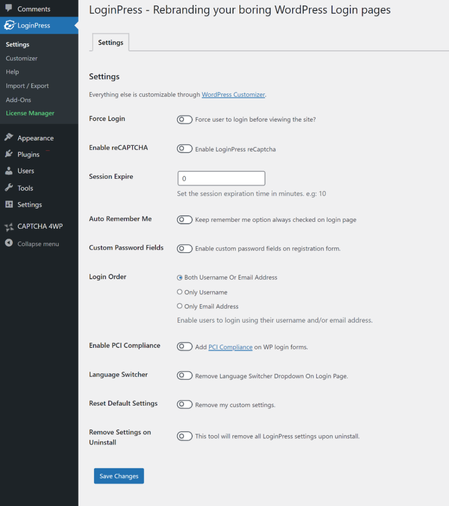 loginpress settings option