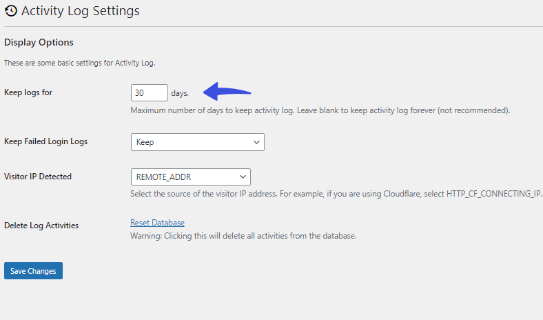 activity log settings screen