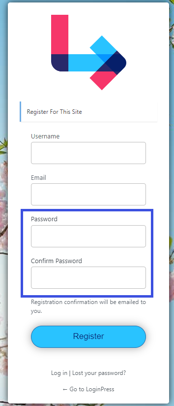 custom password field on teh register form