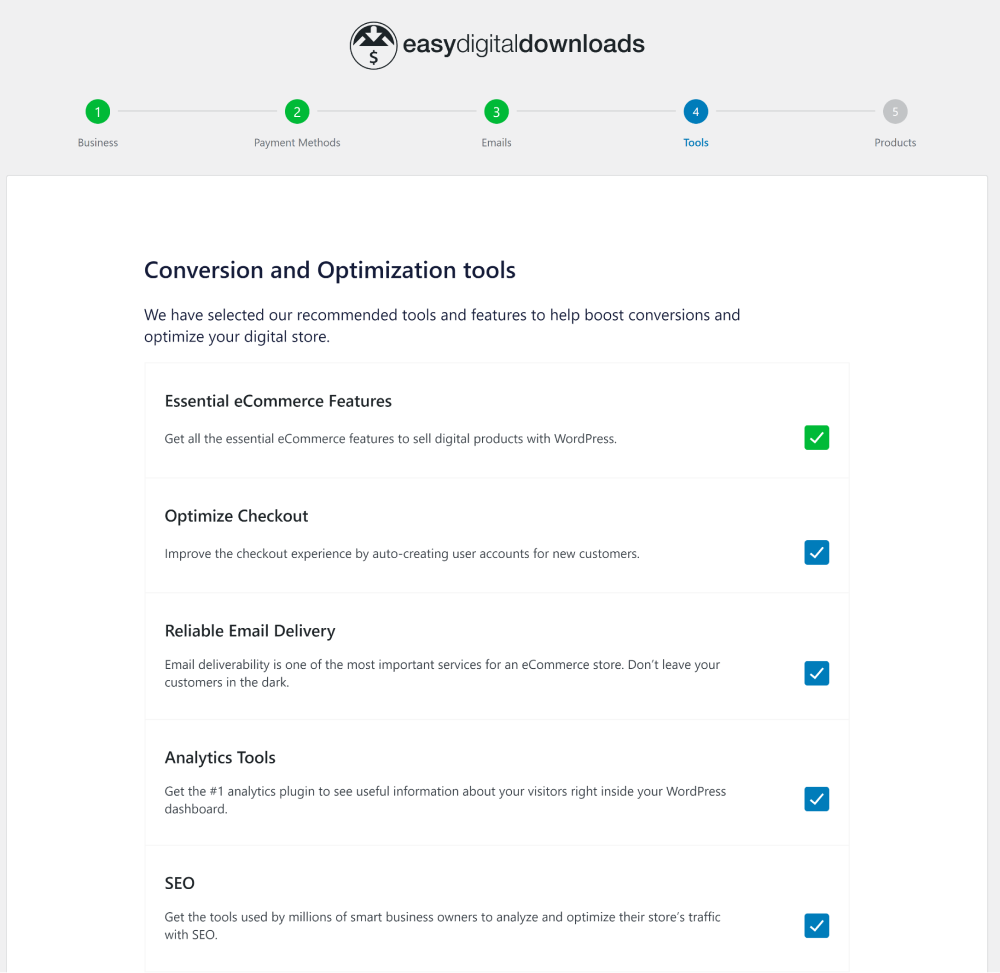 easydigitaldownloads setup wizard