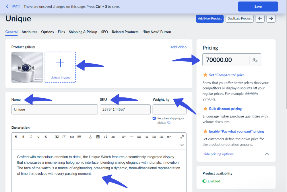 general product settings page