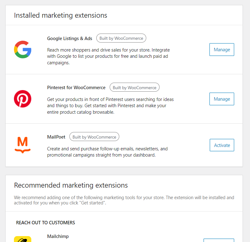 installed marketing extensions